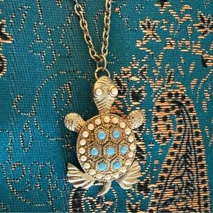 Gold and Blue Vintage Turtle Pendant Necklace